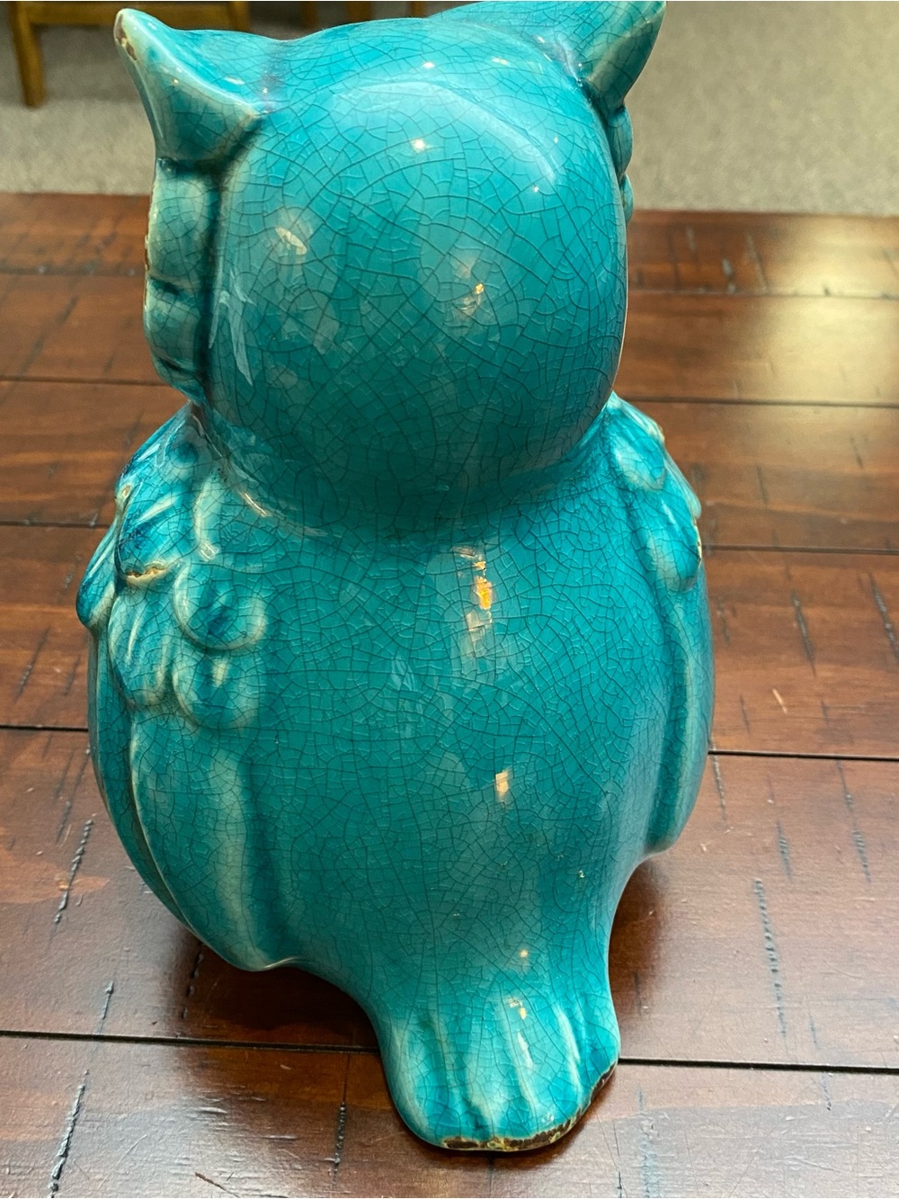 Large 9” Teal/Turquoise Ceramic Owl Figurine - Aged Vintage Look Home Decor - Picture 6 of 11